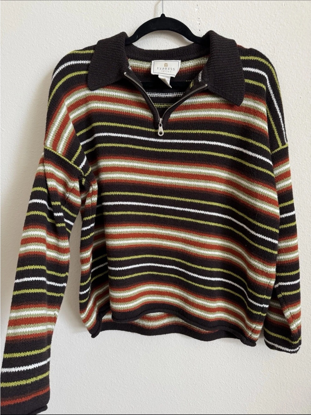 Express Tricot Brown Green Striped 90s Does 70s Retro Zip Knit Sweater M